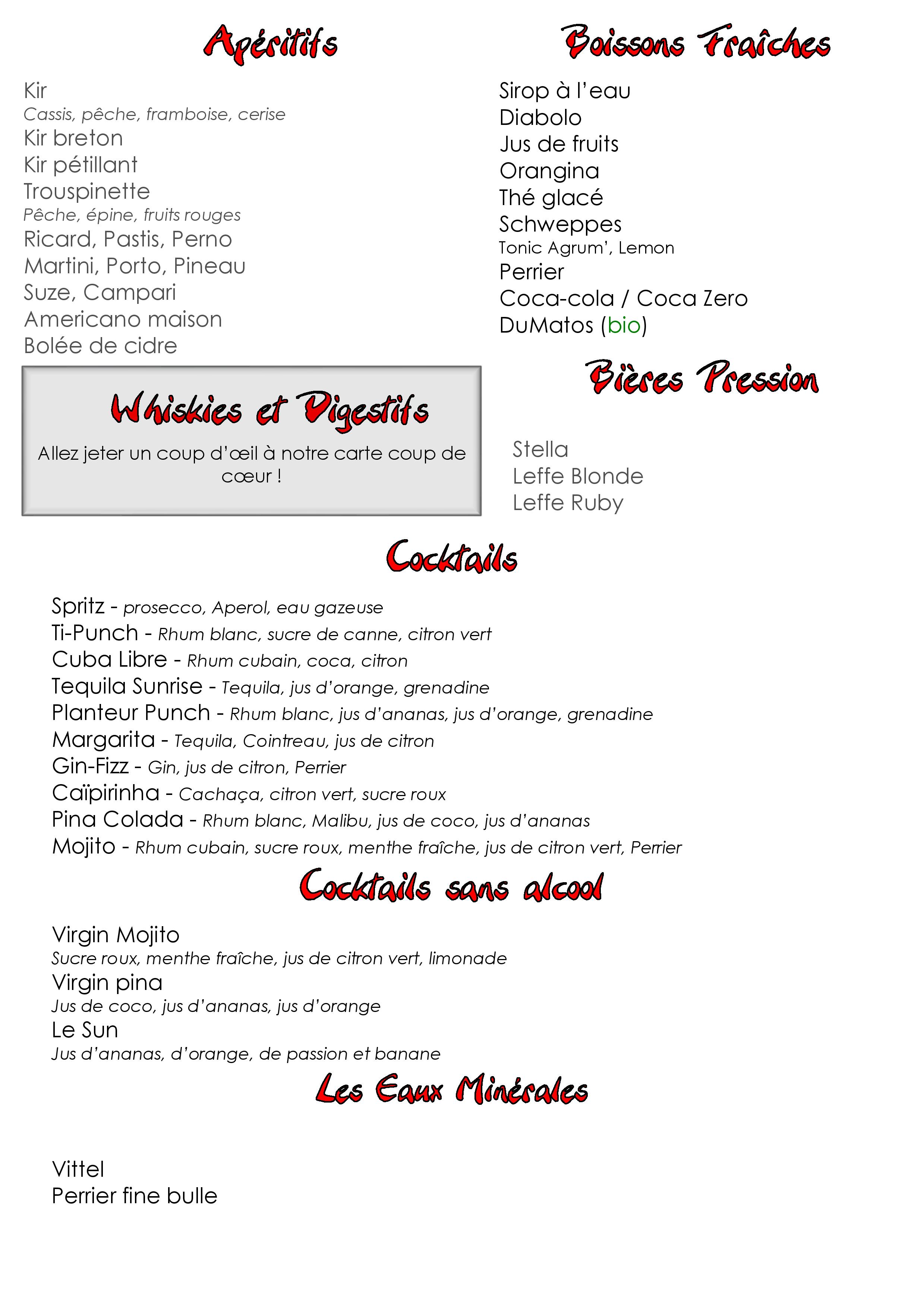 carte des boissons